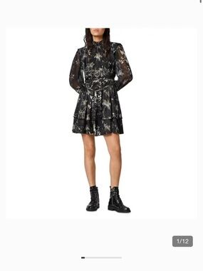All Saints Black Floral Sheer Long-Sleeve Tiered Dressx